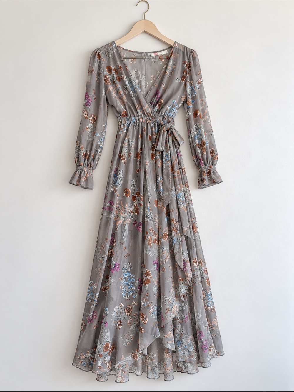 Floral Wrap Maxi Dress in Taupe